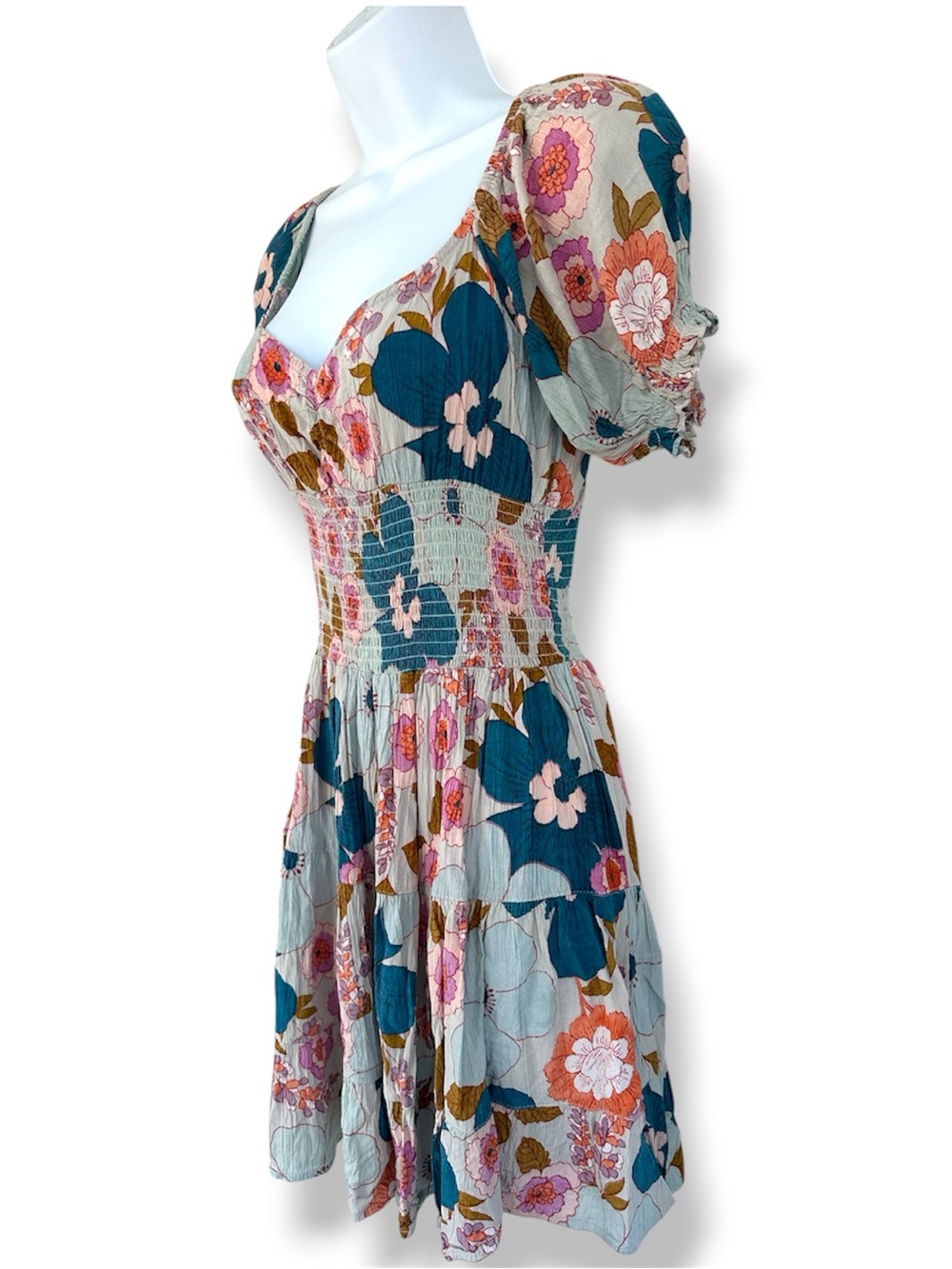 Angie Teal, Pink and Brown Floral Puff-Sleeve Smocked Mini Dress - Picture 5 of 7